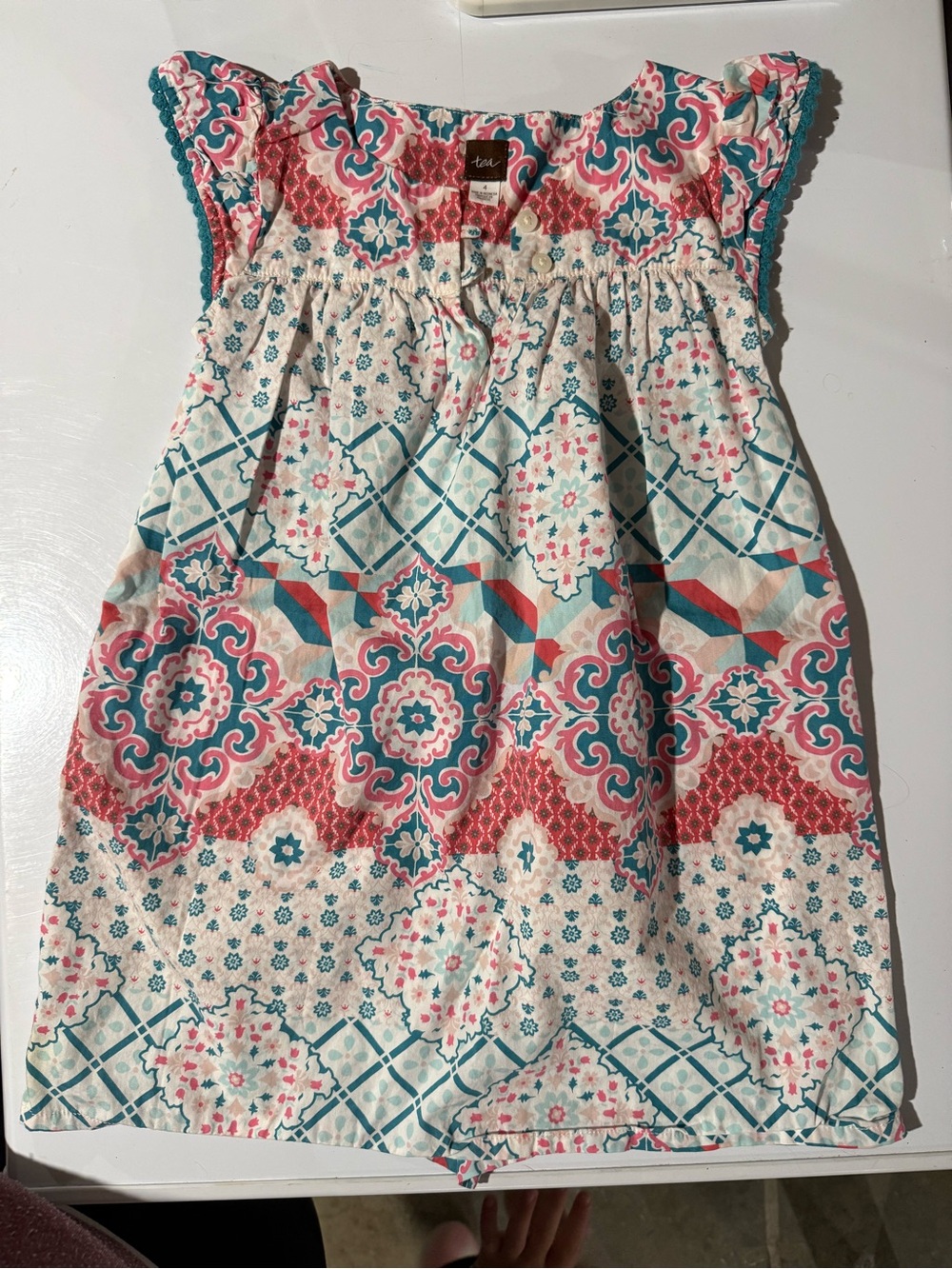 Girls' Casual Summer Dress in Teal & Coral Floral Geo